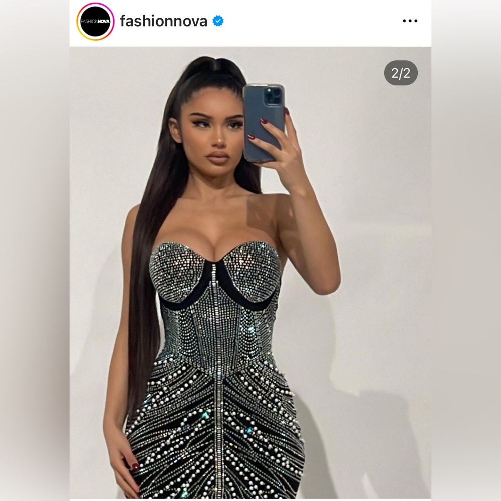New-Moving Along Rhinestone Midi Dress in Black from Fashion Nova size medium